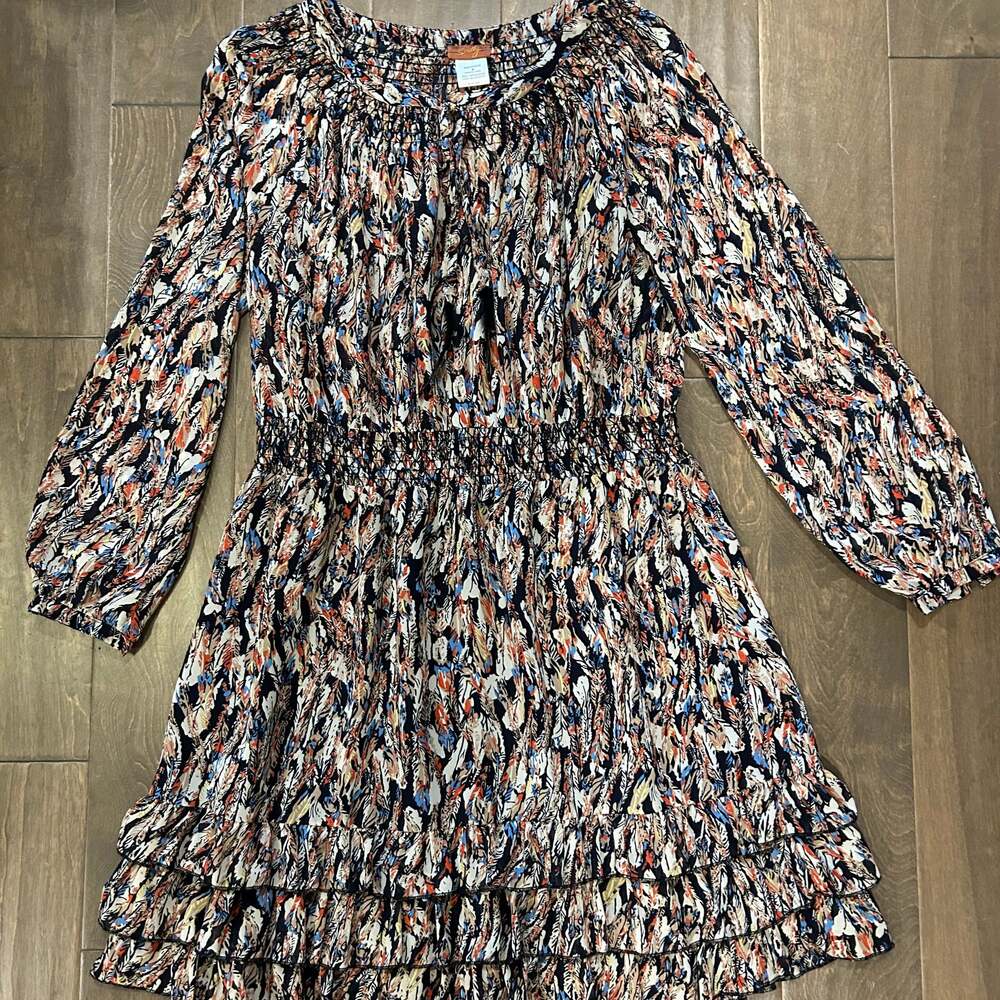 Scully Honey Creek Feather Print Smocked Waist Ruffle Mini Dress Women's Medium